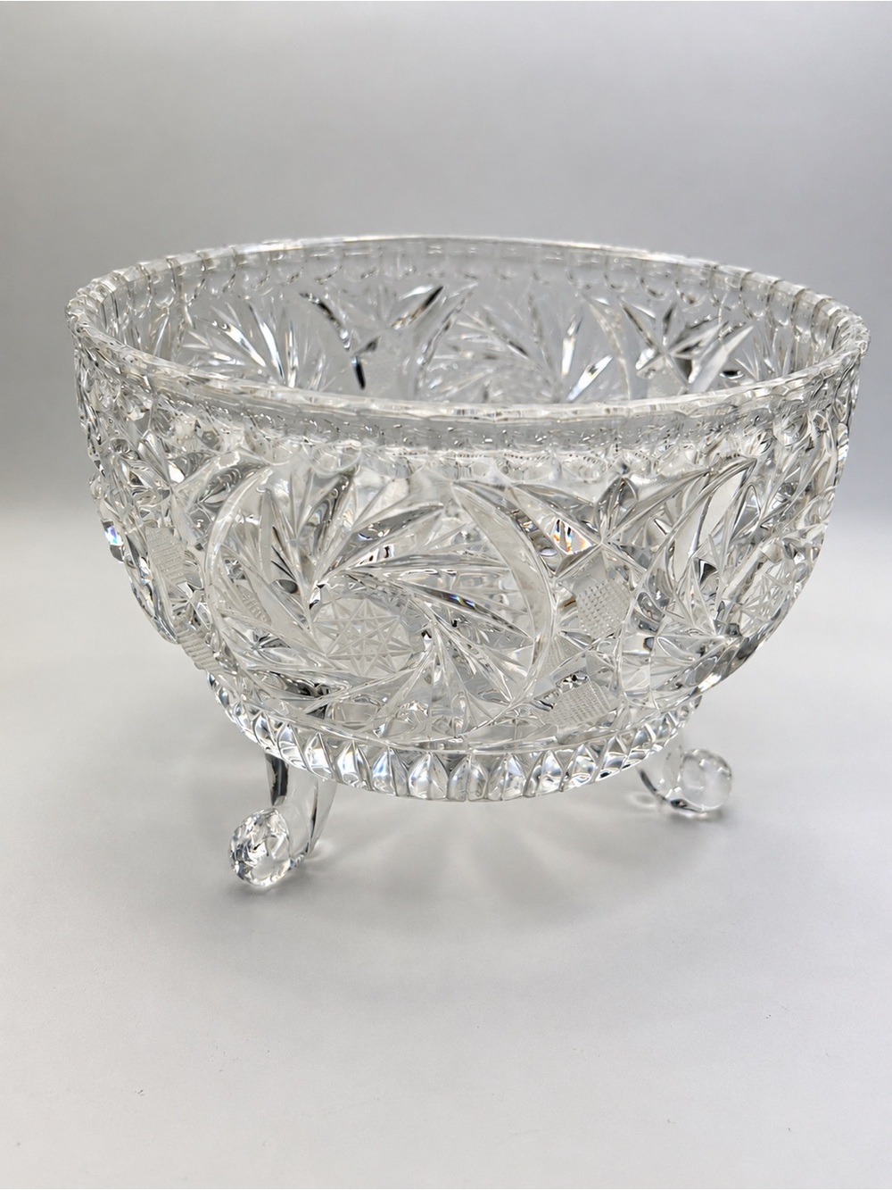 Vintage Cut Crystal Footed Bowl | Hand Cut Floral Starburst Crystal | Three Foot